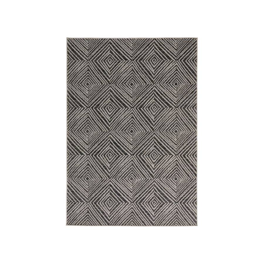 Tapis de salon ethnique en polypropylène noir et blanc rectangulaire à  motifs géométriques